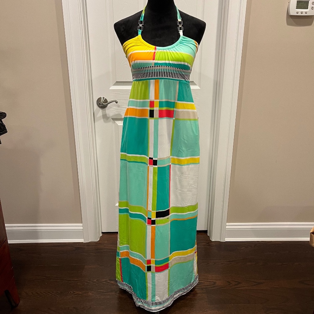 Trina Turk Geometric Block Pattern Halter Maxi Dress S